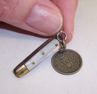 2 Vintage/antique Miniature Fob Chain Charms Wax Seal Lifter & 1944 10c Coin