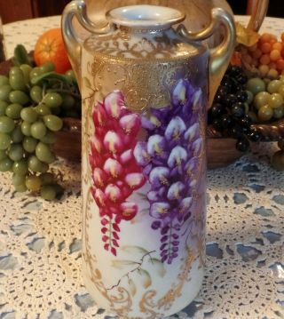 Antique Nippon Vase Double Handled Hand Painted " Hyacinthus " Gold Design