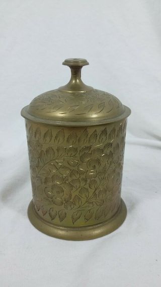 Vintage India Brass Lidded Tea Box Canister Jar Floral Engraved