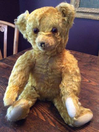 16” Antique Vintage Jointed Mohair Teddy Bear Glass Eyes Gold Butterscotch