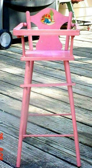 Vtg 1940s 19 " Small Pink Wood Toy High Chair Antique Doll Furniture W Tray