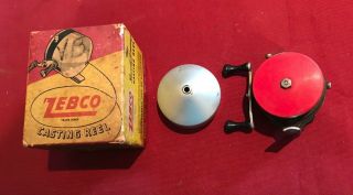 Vintage Early Zebco Zero Hour Bomb Co Casting Fishing Reel Red Head W/ Box