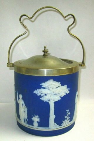 Antique Wedgwood Blue Jasperware Biscuit Jar Silver Plated Fittings