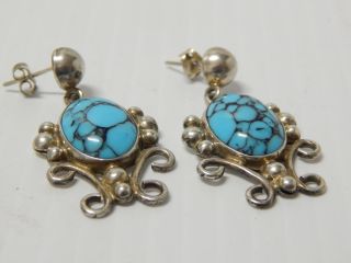 Vintage Mexican Sterling Silver Taxco Marked Turquoise Earrings Mexico Xlnt Gift