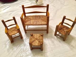 Vintage Hand Crafted Doll Furniture Wood/wicker 4pc Chair,  Rocker,  Bench,  Footstool