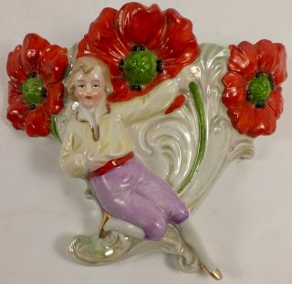 Antique Hand Painted Porcelain Germany Wall Pocket Boy On Cornucopia W/ Poppies