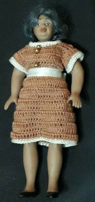 Vtg Miniature Bisque Jointed Nanny Doll African American Crochet Clothing 5 "