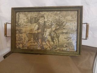 Antique Victorian Tapestry Tray Boy And His Dog.  Wood Frame And Glass W Handles
