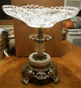 Vintage Brass Pedestal Fruit Bowl With Marble Base & Crystal Shabby Chic