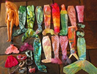 Mermaid Barbie Doll Clothes - Assorted Mermaid Tops & Tails W/ Surf Board & Fins