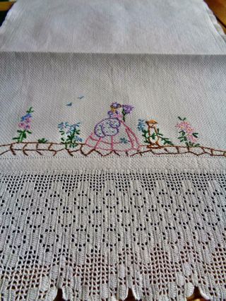 Charming Hand Embroidered Crinoline Huckaback Guest Towel,  Deep Crochet Edge