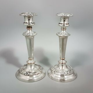 1790 ' s Georgian Old Sheffield silver plate pair 2 candlesticks floral round 2
