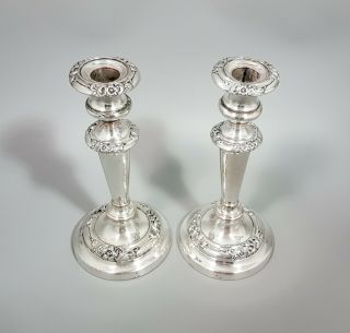 1790 ' s Georgian Old Sheffield silver plate pair 2 candlesticks floral round 3