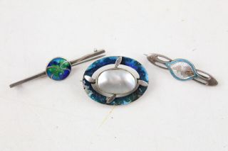 3 X Antique.  925 Sterling Silver Brooches Inc.  Guilloche,  Enamel,  Mop (15g)