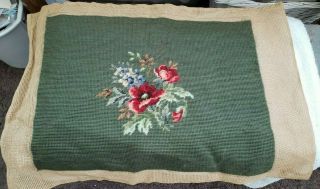 Vintage Antique Needlepoint Canvas Finished Wool Floral Petit