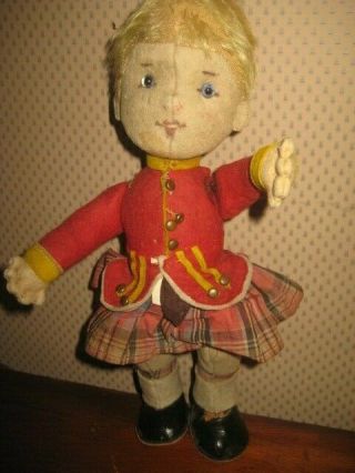 Steiff Sewn Cloth Doll Vintage Boy In Uniform Kilt Scottish? Glass Eyes Worn