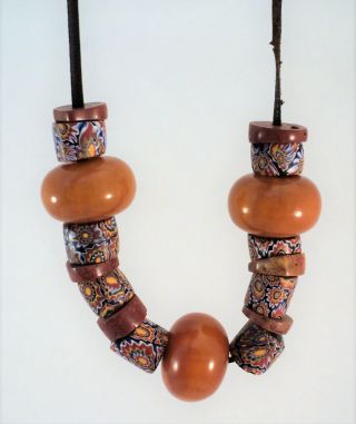 Vtg Antique African Trade Bead Necklace Strung On Old Leather Cord - Estate Find
