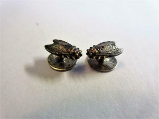 Antique Chinese Silver Cicada Insect Design Buttons,  Studs X2