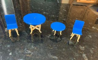 2 Plasco Patio Tables & 2 Chairs Vintage Dollhouse Furniture Renwal Blue Cream