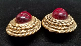 Gold Tone Red Jewel Oval 1 1/4 
