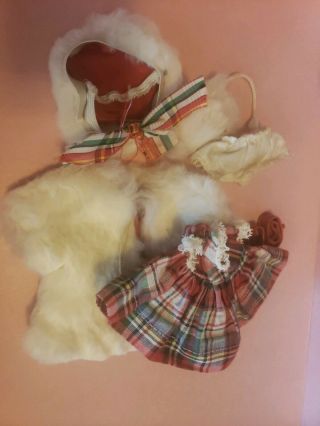 Vintage 50s Ginger Doll Tagged Fur Coat Plaid Dress Muff Hat 7pc Outfit 8 "