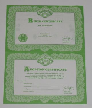 Vintage Cabbage Patch Kids Doll Birth Certificate Adoption Papers Blank