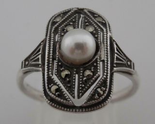 Antique Art Deco 1920s Sterling Silver & Marcasite Pearl Ring Size Q (f23