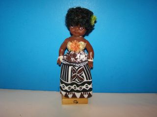 Vintage Native Doll With Attached Wooden Stand From Fiji 11 1/2 Inch Plastic