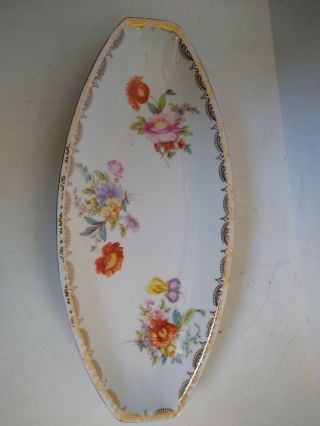 Antique German Floral Porcelain Oval Bowl Gold Trim