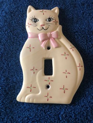 Vintage Hand Painted Ceramic White Cat Light Switch Plate Cover 1989