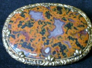 Large Antique Victorian Oval Pinchbeck Brooch Set With Mottled Moss Agate