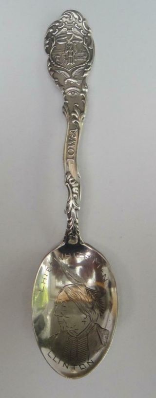 Antique Sterling Souvenir Spoon With Indian Chief White Man In Bowl,  Large Size