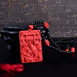 Natural Red Cinnabar Carving Chinese Carp Jump Longmen Pendant Beads Necklace
