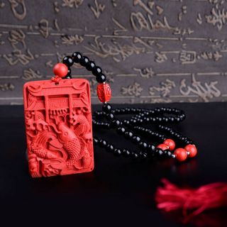 Natural Red Cinnabar Carving Chinese Carp jump longmen Pendant Beads Necklace 3