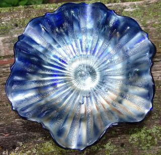 Fenton Stippled Rays Blue Carnival Glass 6 1/2 " Bowl Ruffled Vtg Antique