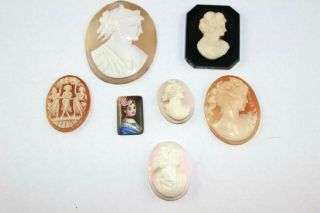 Great Group Of Antique Carved Shell,  Black Onyx & Hand Painted Cameo 