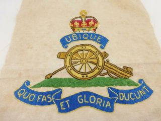 Vintage Ww2 Era Silk Embroidery Sampler Of Royal Regiment Of Artillery Badge