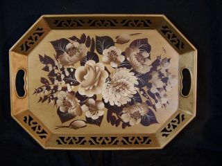 Vintage Tole Ware Hand Painted Floral Metal Serving Tray Gold Brown Beige White