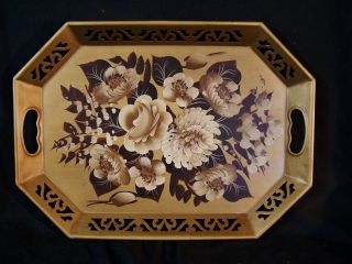 Vintage TOLE WARE Hand Painted Floral Metal Serving Tray Gold Brown Beige White 2