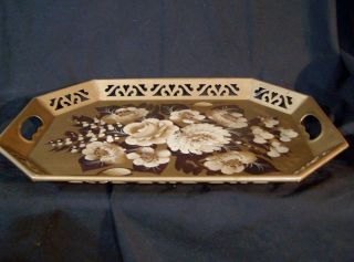 Vintage TOLE WARE Hand Painted Floral Metal Serving Tray Gold Brown Beige White 4