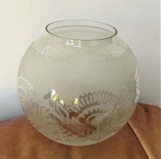 Antique Etched Glass,  Art Deco Pattern Globe Oil Lamp Shade,  Duplex 4 " Fit Dia.
