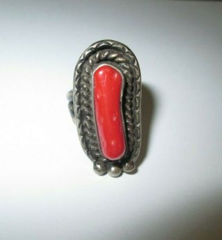 Antique Native American Silver And Coral Ring With No Hallmark