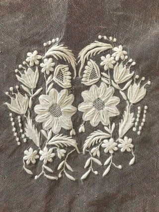 Gorgeous Antique Fond De Bonnet - Hand Embroidery On Tulle (5)