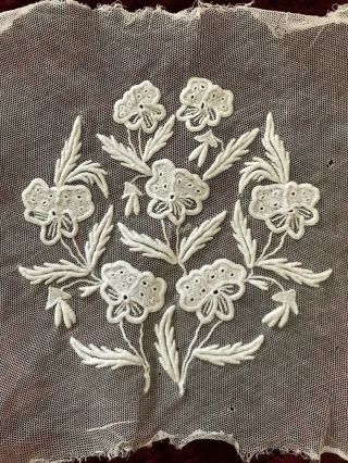 Gorgeous Antique Fond De Bonnet - Hand Embroidery On Tulle (4)