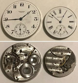 2 Antique Waltham Pocket Watch Movements Dials No.  625 Grade 16s Seaside Grade 6s