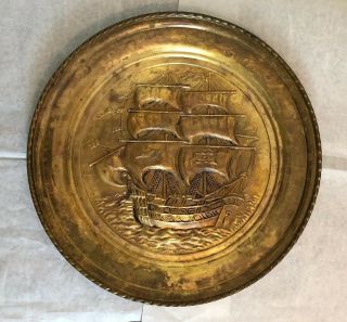 Vintage Brass Tray Clipper Ship Embossed Mcm Wall Hanging Plate Charger 16” Wide