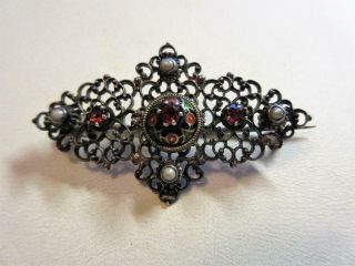 Antique Victorian Czech Bohemian Garnet,  Seed Pearl & Enamel Silver Brooch,  P N