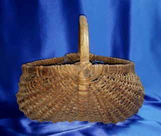 Large Split Buttock Natural Wood Primitive Hand Woven Basket Antique 1800s