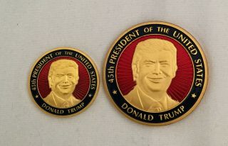 2 Trump Maga Items Challenge Coin,  Paperweight Coaster Gold Enamel Two