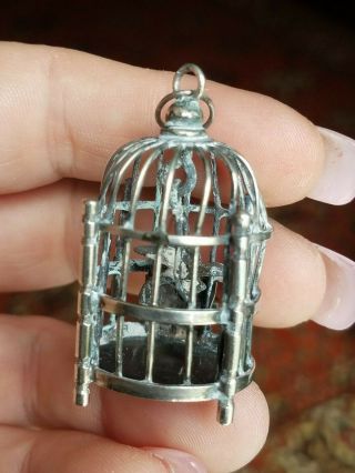 Antique Dollhouse Miniature Sterling Silver Bird Cage 1:12